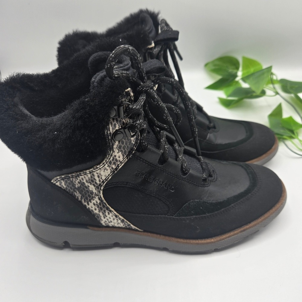 Cole Haan Zerogrand Explorer Hiker Black Snake Print Fur Boots WMS 6.5B
